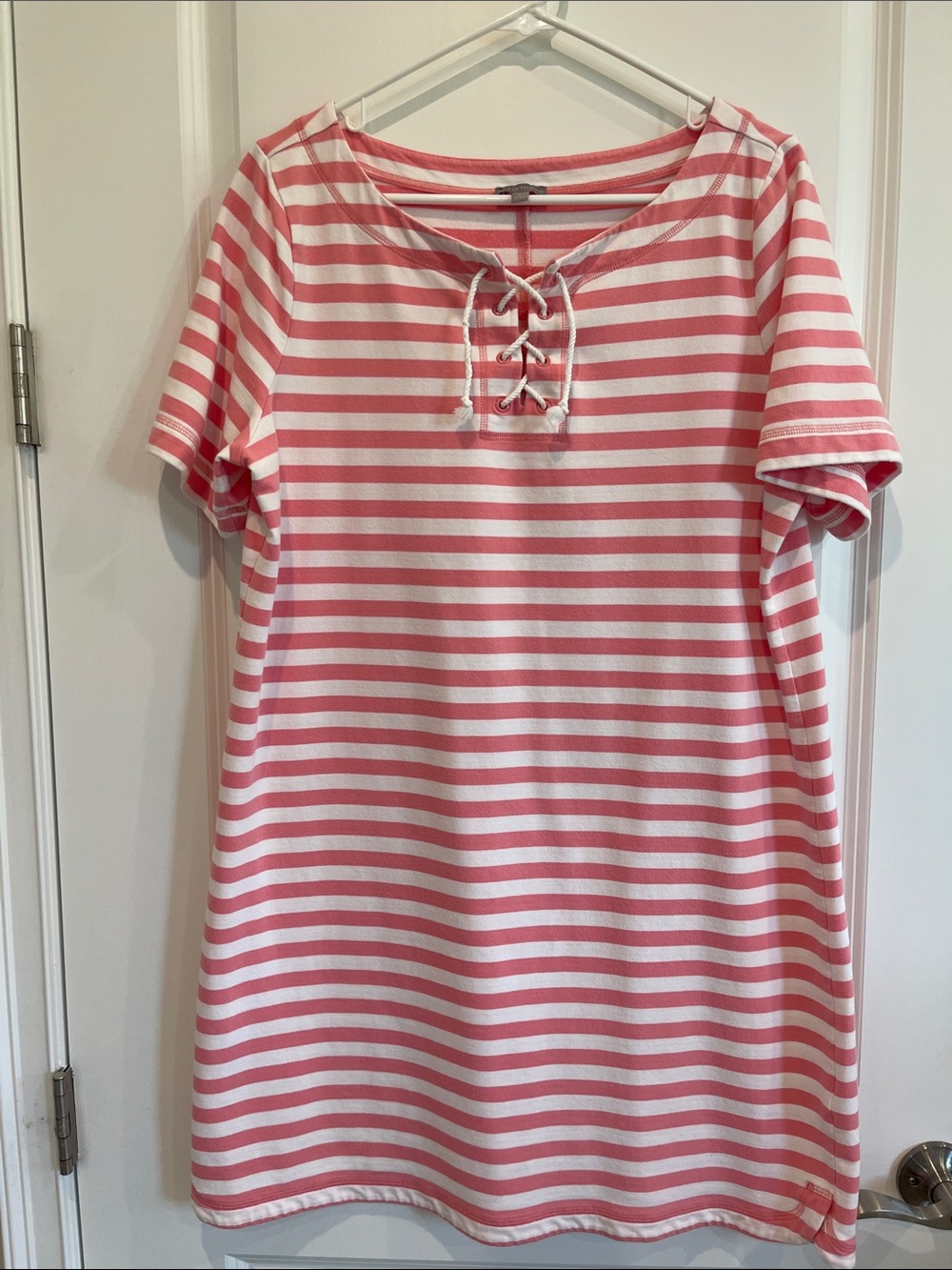 Talbots Pink and White Striped Lace-Up Tee Dress
